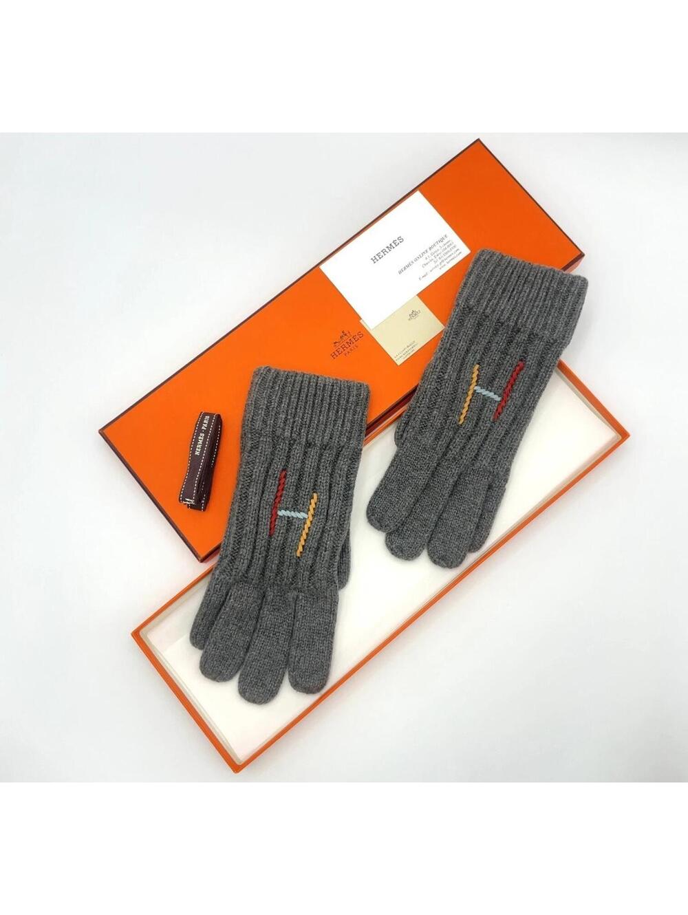 Hermes Braided Leather H Logo Knit Gloves S Size Cashmere / Silk With Box Small